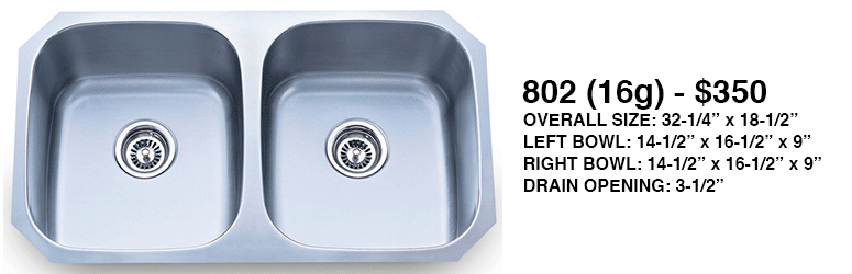 Stainless steel double-bowl kitchen sink with price and dimensions listed on the right.