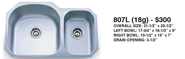 Silver double-bowl kitchen sink with dimensions and price label