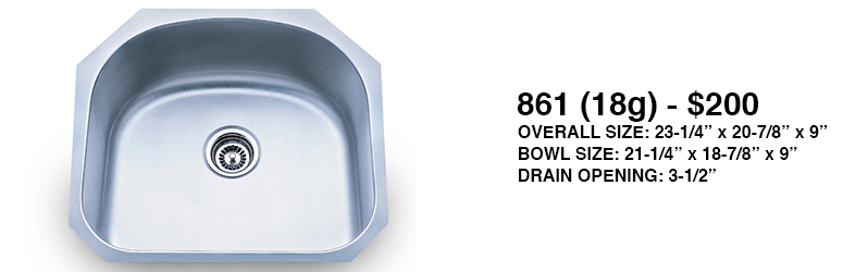 Stainless steel single-bowl kitchen sink with drain and dimensions shown