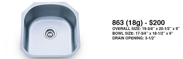Stainless steel single-bowl kitchen sink with dimensions and drain opening listed beside it