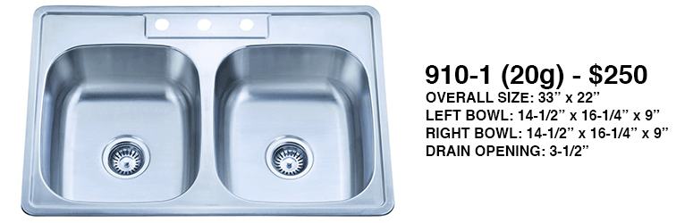 Stainless steel double-bowl kitchen sink with dimensions and price text on the right.