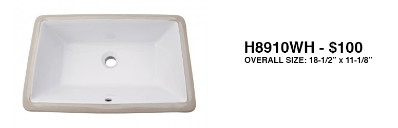 White rectangular bathroom sink with single center drain hole and faucet hole, labeled H8910WH - S100.