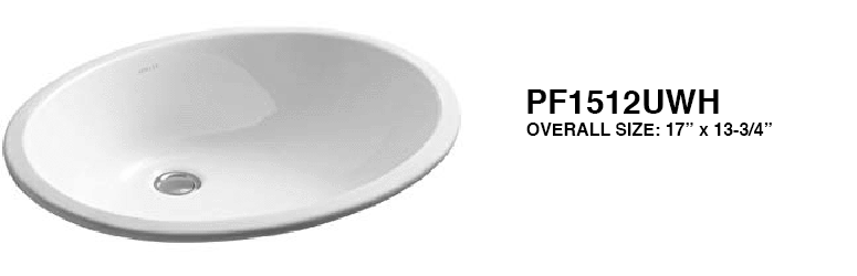White oval sink basin with single drain hole, labeled PF1512UWH, on a white background