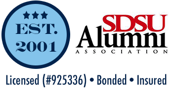 SDSU Alumni Association logo with blue “EST. 2001” seal and “Licensed, Bonded, Insured” text