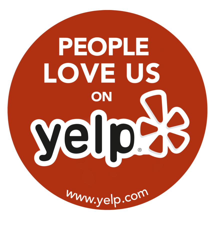 Red Yelp badge reading “People love us on Yelp” with the Yelp logo and website URL.
