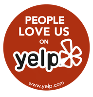 Red Yelp badge reading “People love us on Yelp” with the Yelp logo and website URL.