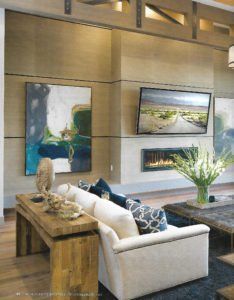 Modern living room with white sofa, fireplace, wall art, and wood coffee table