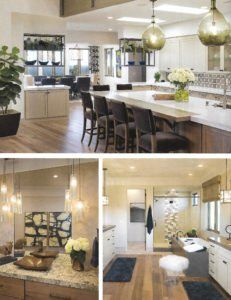 Bright modern kitchen with island, pendant lights, and adjacent bathroom and dining views
