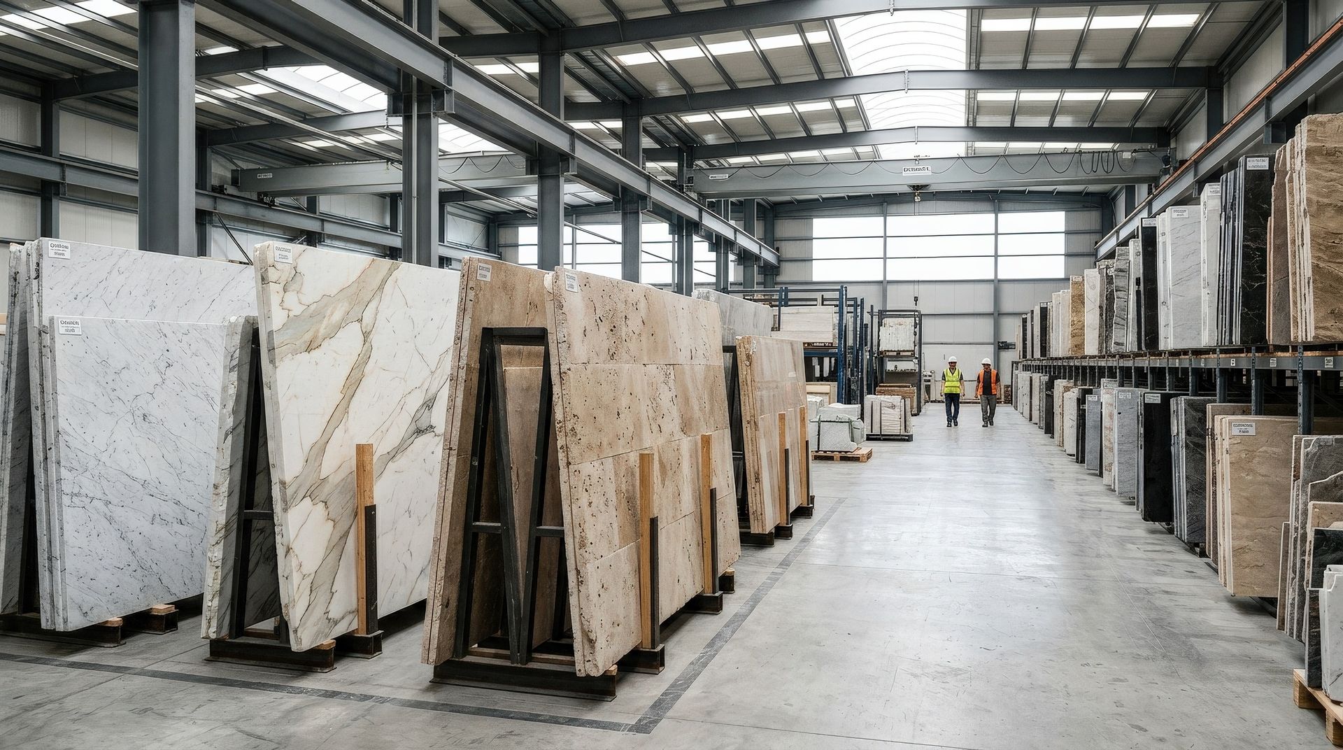 Stone slabs stored in a large warehouse aisle with workers in the distance