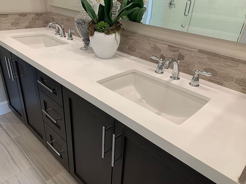 Modern bathroom vanity with double white sinks, dark cabinets, and a potted plant on the counter