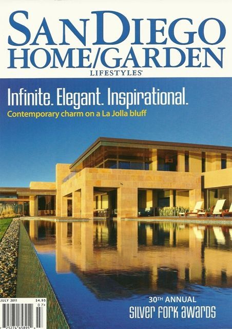 San Diego Home & Garden cover with modern waterfront house reflecting in water and headline “Infinite. Elegant. Inspirational.”