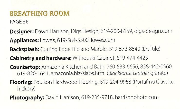 Text listing credits for the “Breathing Room” page 56 interior design project.