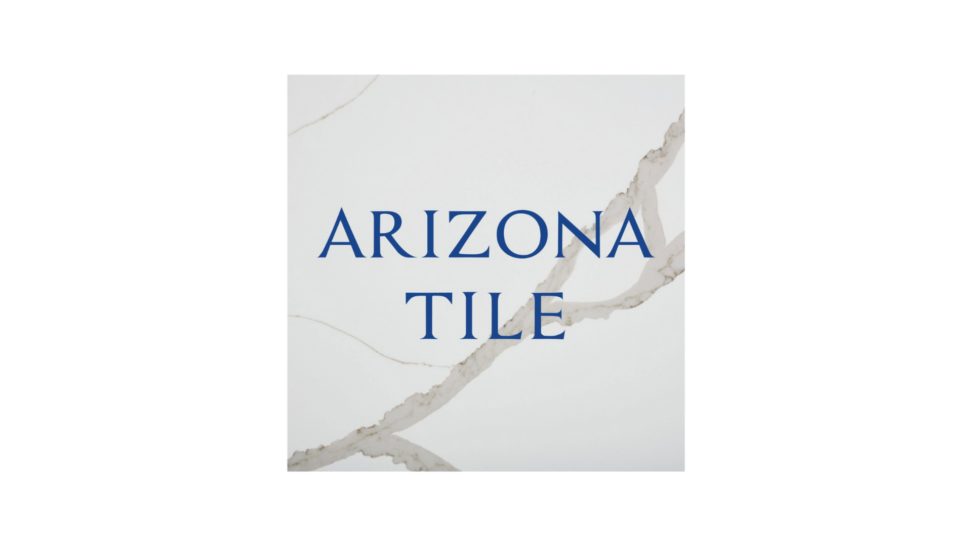 Arizona Tile logo on a gray marble background with blue text