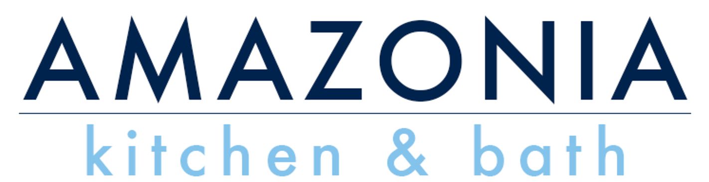 Amazonia kitchen & bath logo with navy and light blue text on a white background
