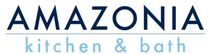 Amazonia kitchen & bath logo with navy and light blue text on a white background