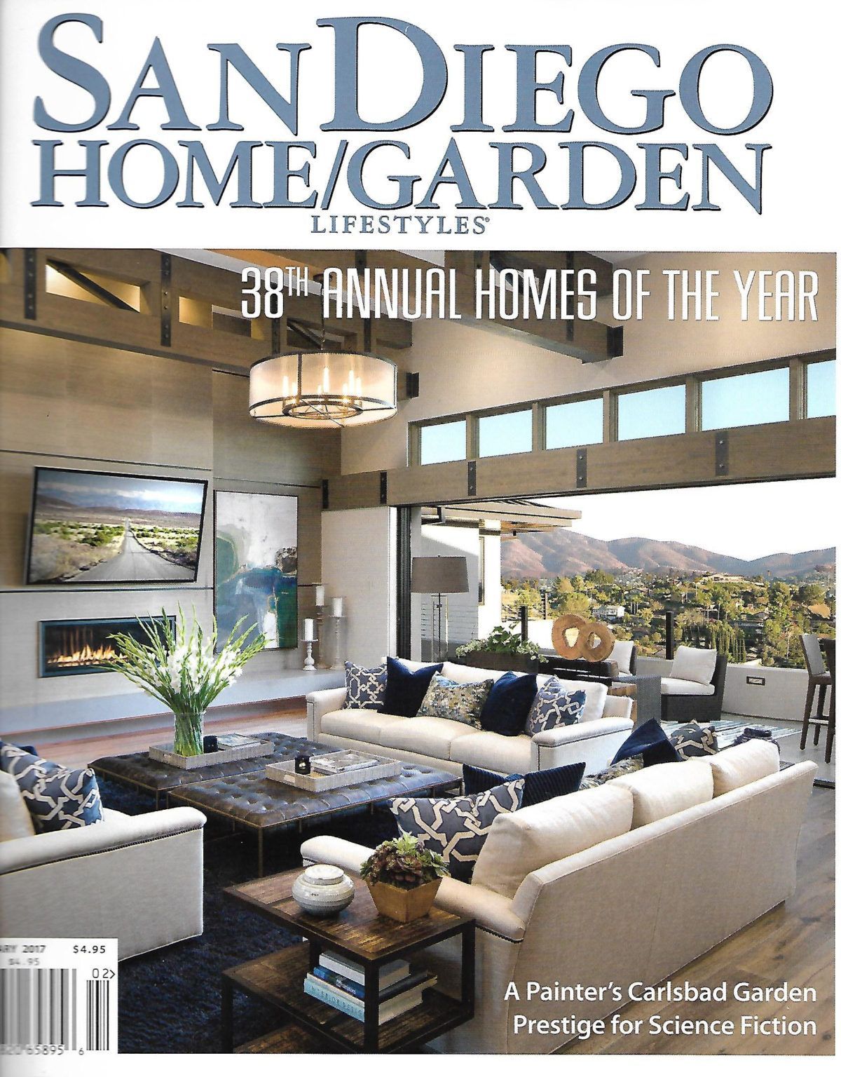 San Diego Home & Garden magazine cover with a modern living room and panoramic windows