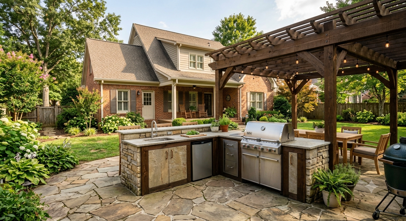 Outdoor stone patio with built-in grill under a pergola, overlooking a landscaped backyard and house