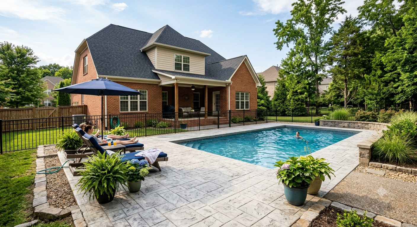 Backyard patio with a swimming pool, brick house, lounge chairs, and potted plants under a blue sky
