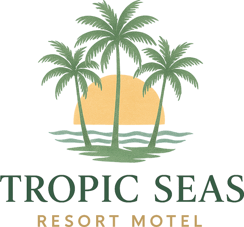 Logo for Tropic Seas Resort Motel: Palm trees over sunset and water, text 