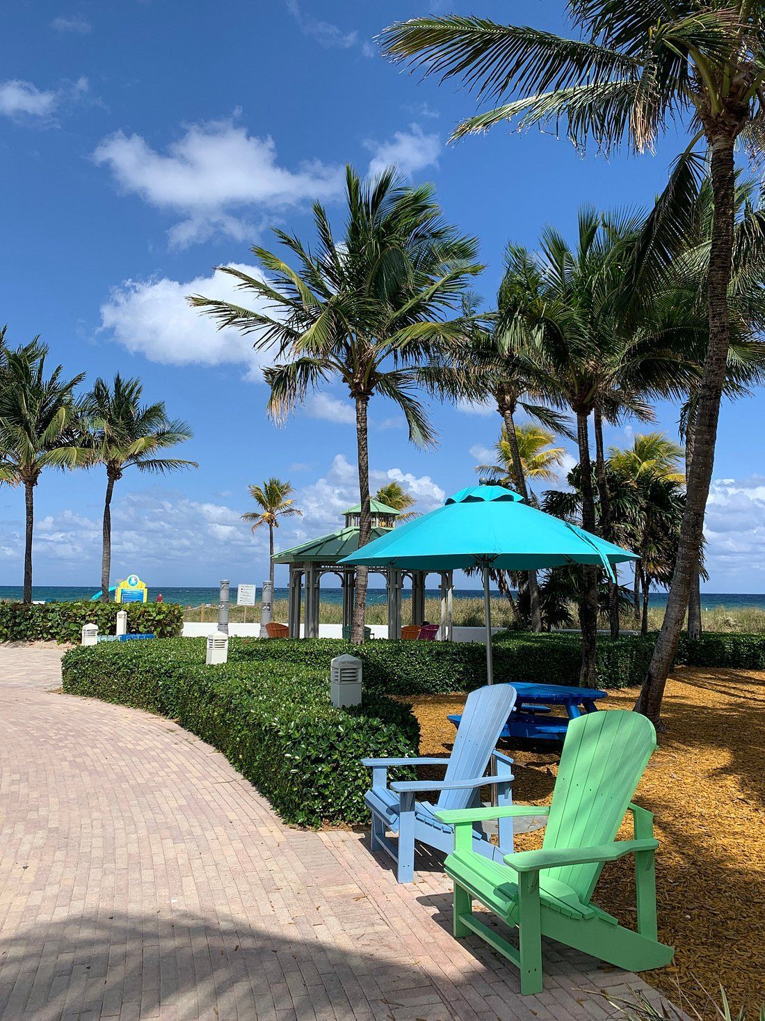 Beach scene: blue and green Adirondack chairs, teal umbrella, palm trees, walkway, ocean, blue sky.