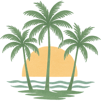 Three green palm trees with a setting sun over ocean waves.