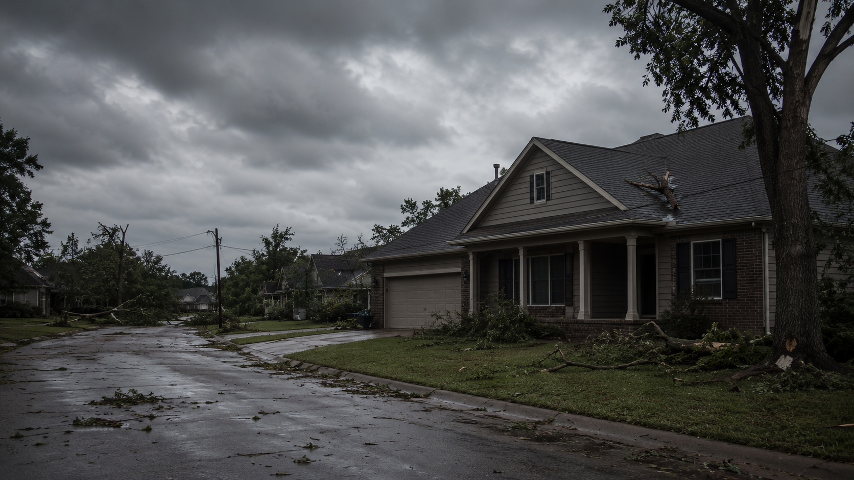 Storm-damaged suburban house with broken roof, wet street, and overcast sky