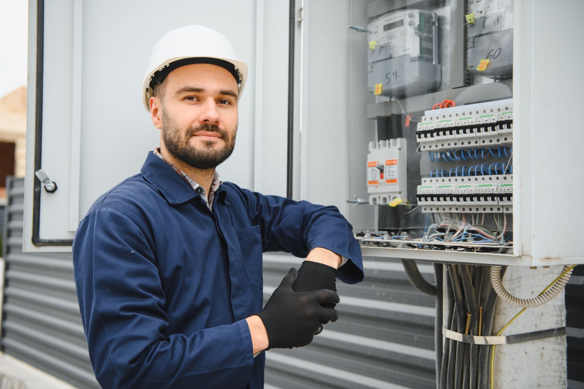 Electrician performing electrical repair on an outdoor breaker panel