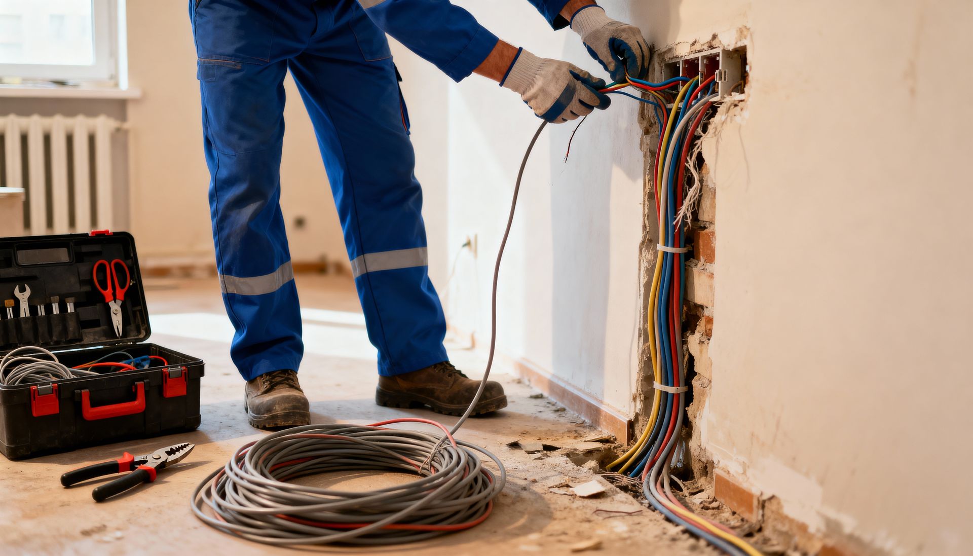 An electrician performing electrical repairs, wiring & installing new outlets in a home renovation.