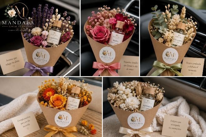 Ramos de flores secas en tonos rosa, crema y naranja envueltos en papel sobre un fondo de tela y asiento de coche.