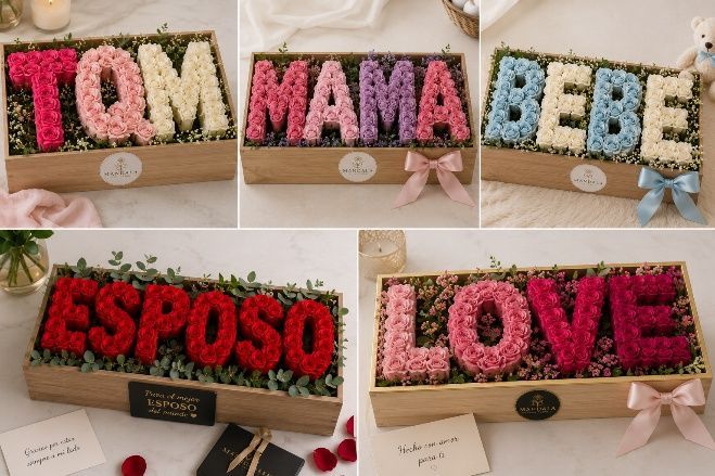 Cajas de regalo florales que forman las palabras TOM, MAMA, BEBE, ESPOSO y LOVE en letras rosas, rojas y azules.