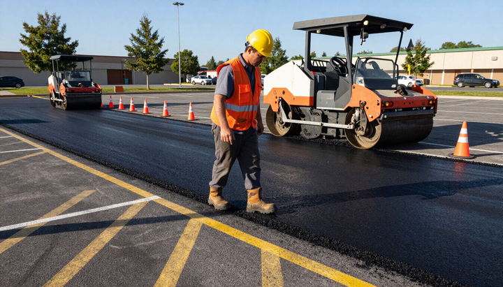 Paving crew works by a road roller on a newly surfaced lot during Asphalt Paving Services in Bryan, TX near white lines.