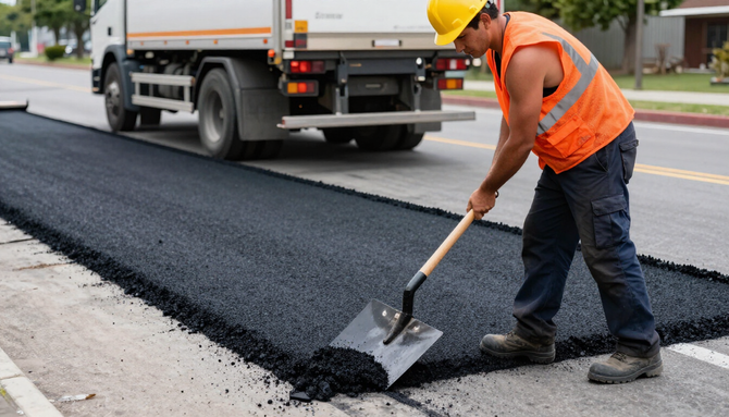 A road worker spreads fresh asphalt with a shovel during Asphalt Paving Services in Bryan, TX beside a large dump truck.