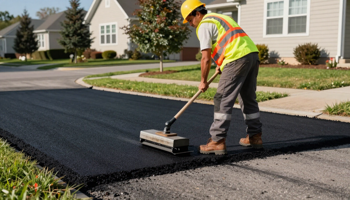 Worker levels fresh asphalt with a wide rake on a driveway during Asphalt Paving Services in Bryan, TX outside the home.