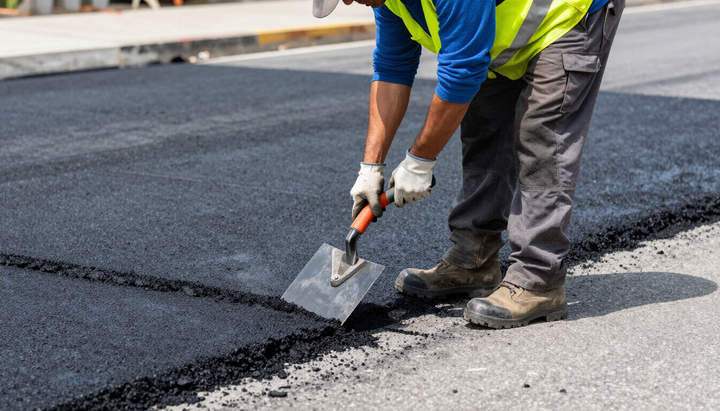 Worker smooths the edge of a fresh asphalt patch using a trowel during Asphalt Paving Services in Bryan, TX on the road.