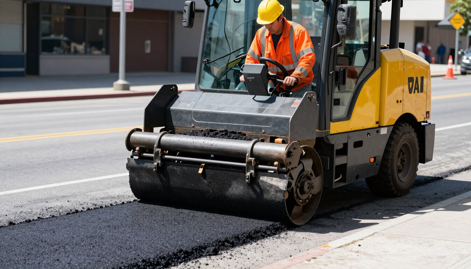 Worker drives a yellow road roller to compact fresh pavement during Asphalt Paving Services in Bryan, TX on a city road.