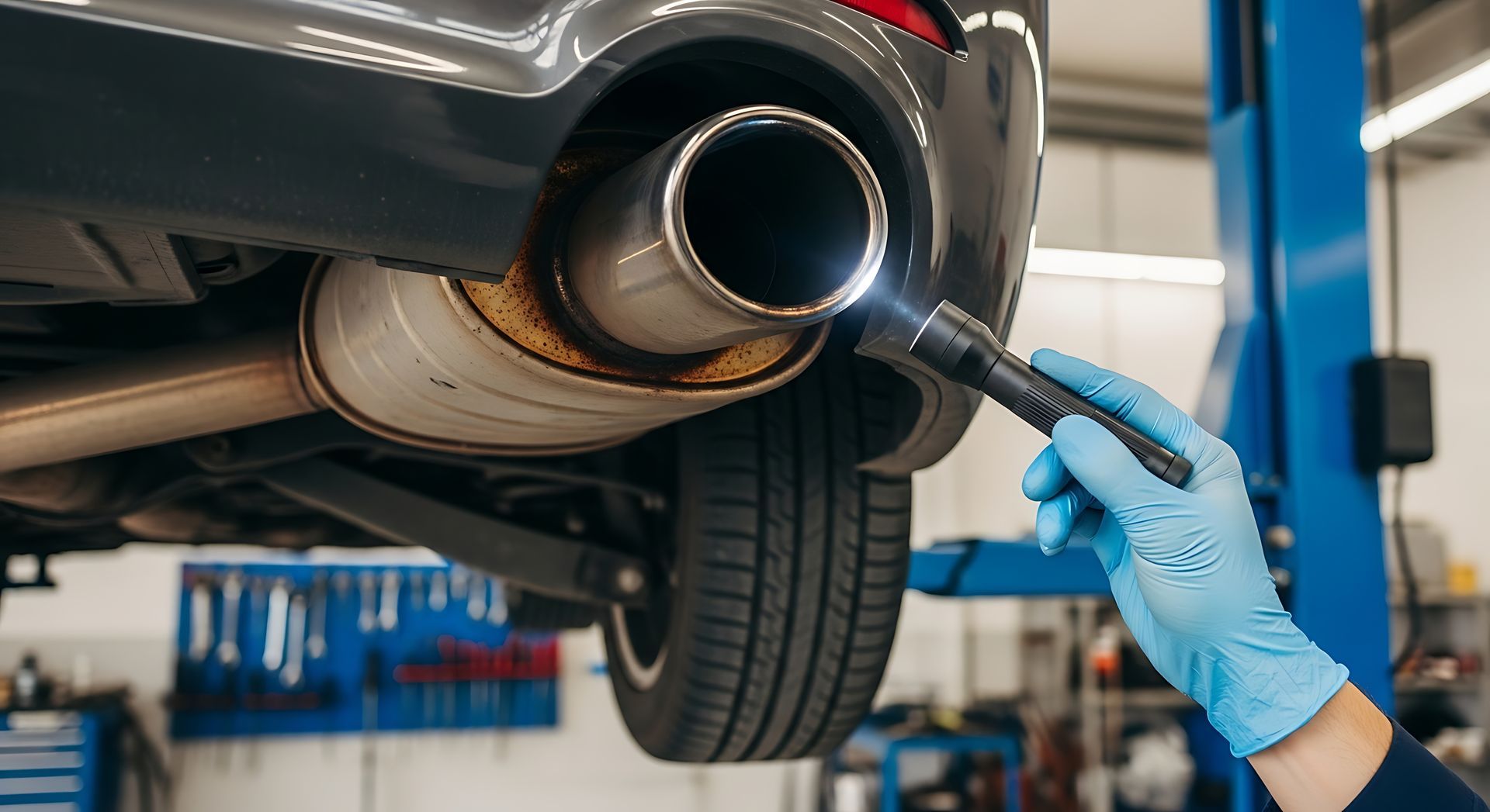 Expert auto muffler technician performing a vehicle exhaust system inspection with a flashlight Expert auto muffler technician performing a vehicle exhaust system inspection with a flashlight
