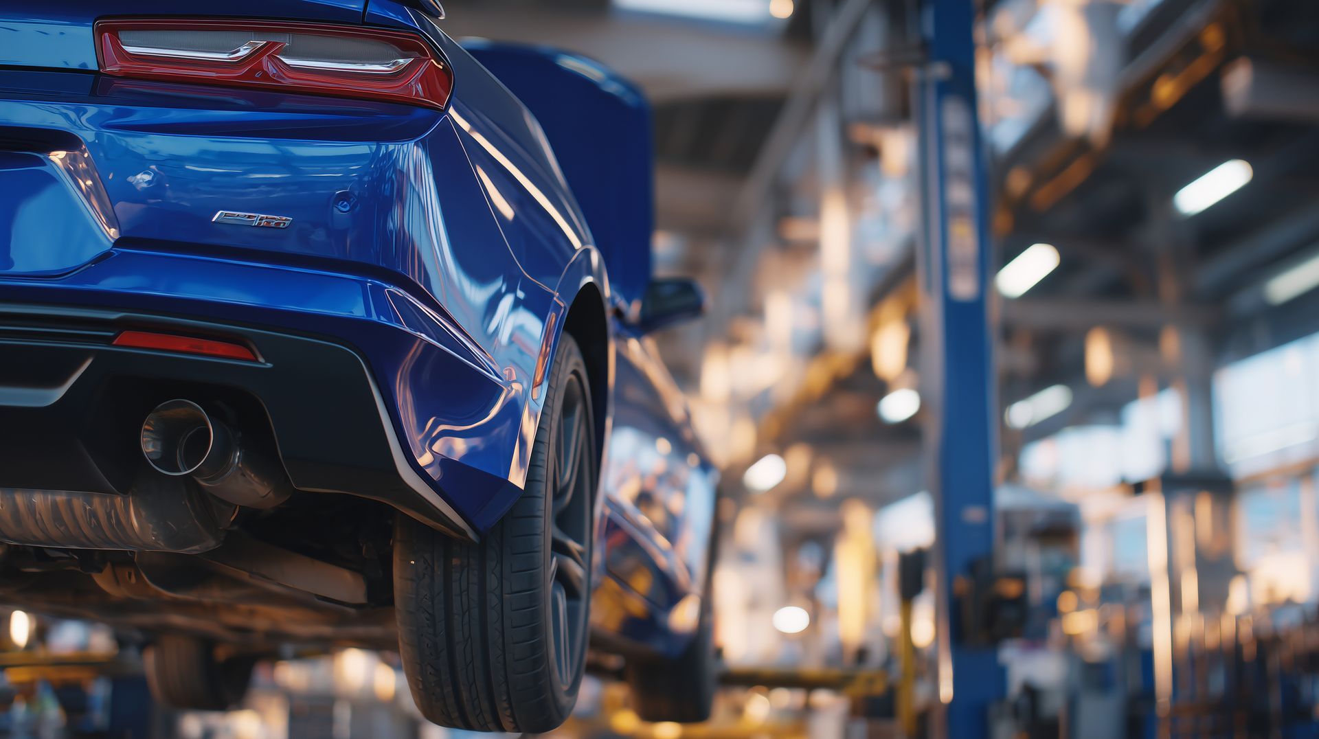 Blue car lifted in auto shop with hood open and tools in the background. Blue car lifted in auto shop with hood open and tools in the background.