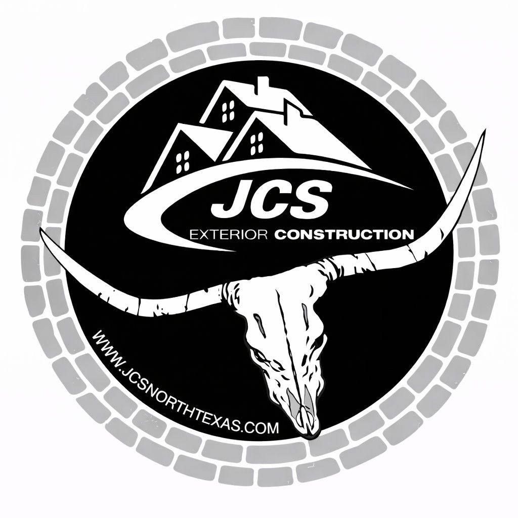 Circular logo for JCS Exterior Construction featuring a stylized house, a longhorn skull, and the website address.