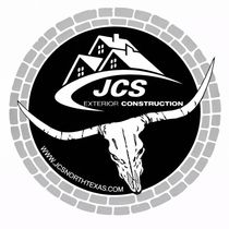 Circular logo for JCS Exterior Construction featuring a stylized house, a longhorn skull, and the website address.