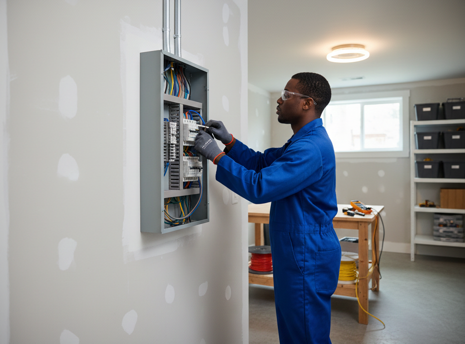 Electrician in blue jumpsuit working on electrical panel in a room, wearing gloves, with tools nearby.