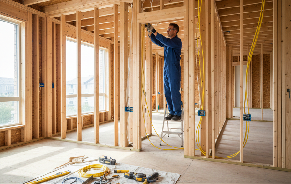 Electrician installing wiring in a wooden frame of a building under construction.