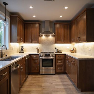 U-shaped kitchen with brown cabinets, stainless steel appliances, and light-colored countertops.