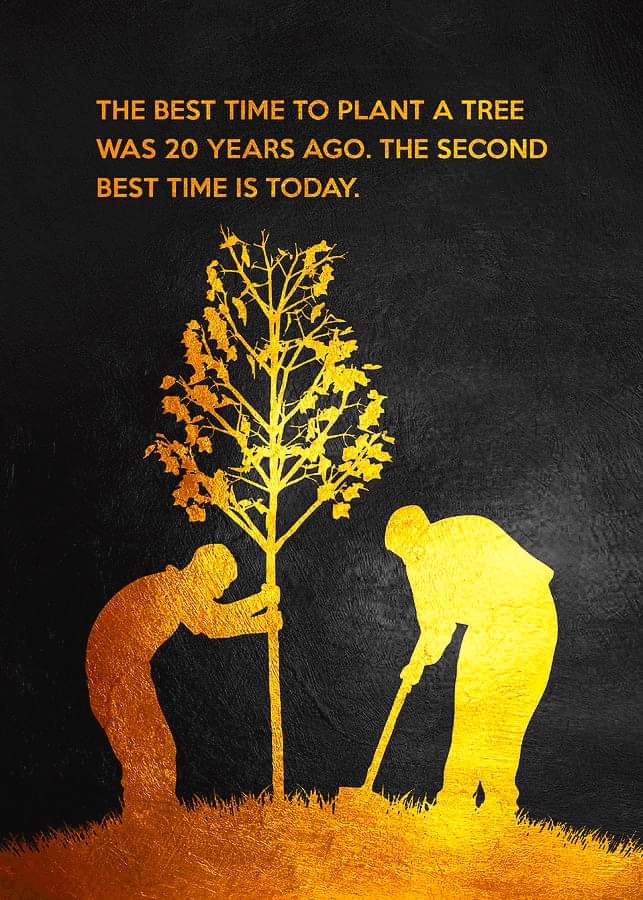 Twee gouden figuren planten een boom. Citaat: 