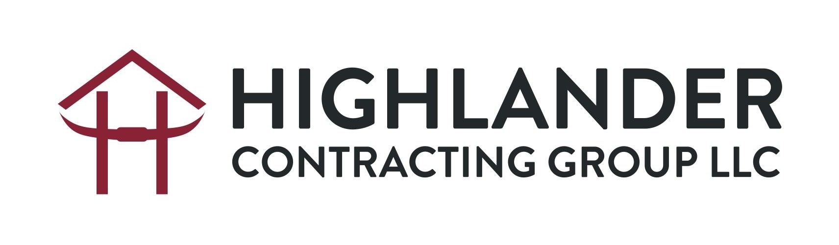 The logo for highlander contracting group llc has a red arrow pointing up.