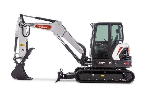 Compact white excavator with black cab and tracked base, shown in side view on a white background