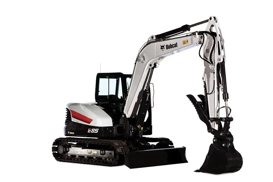 White and black excavator with a digging bucket on a plain white background