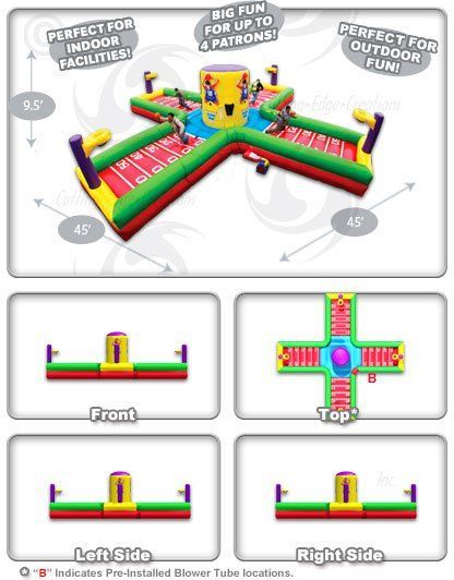 Colorful inflatable obstacle course with front, top, left, and right view diagrams