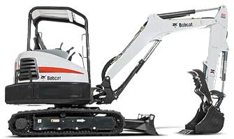 White Bobcat excavator with black tracks and bucket, shown in profile on a white background
