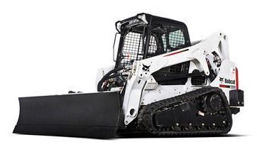 White skid-steer loader with black tracks and a front snow plow blade on a white background