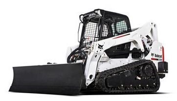 White skid steer loader with a black bucket on a plain white background
